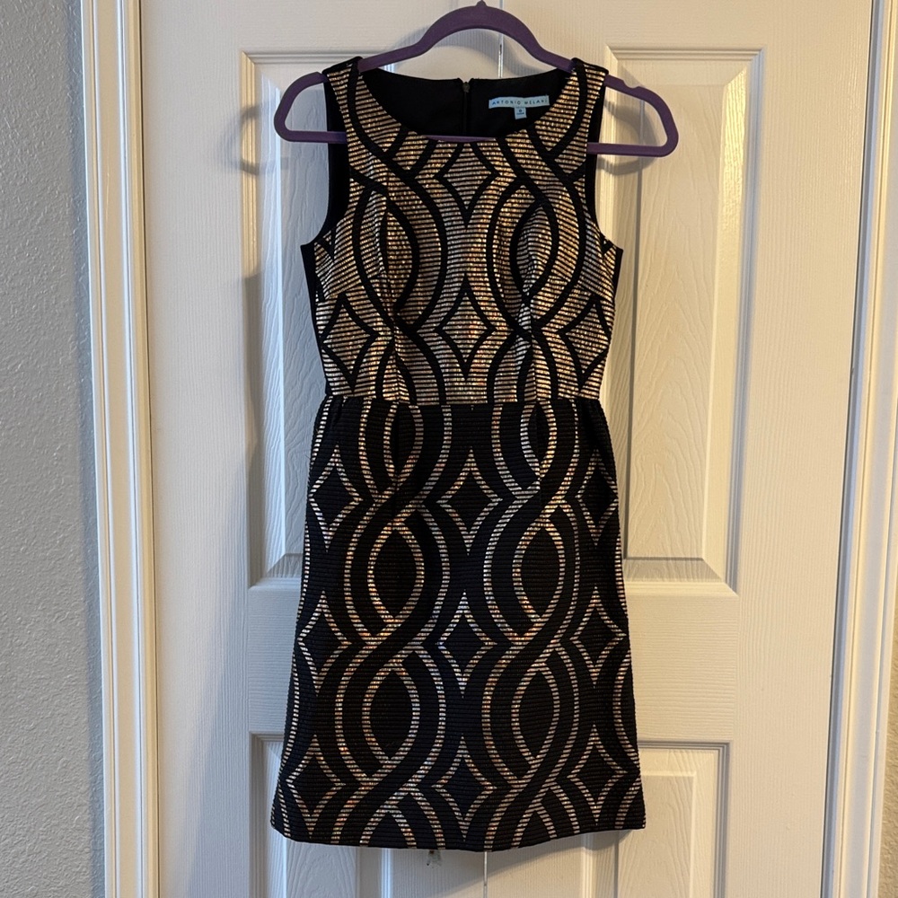 Antonio Melanie Black and Gold Geometric Mini Dress